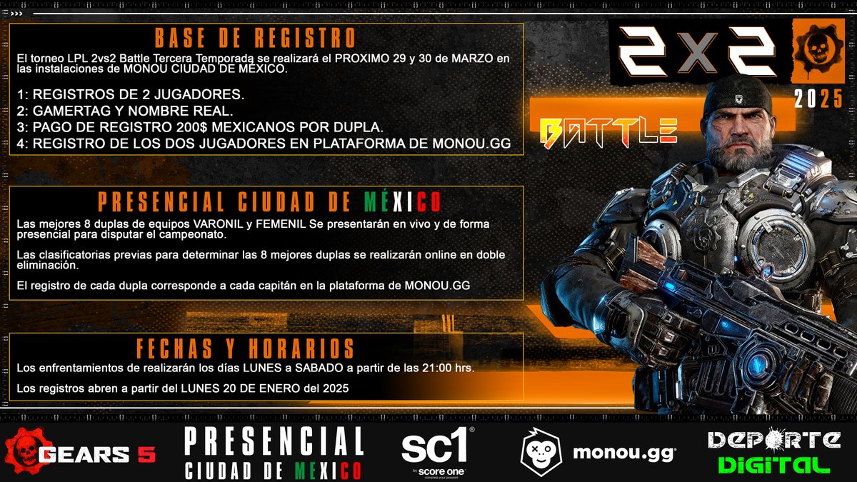 Deporte Digital 01 (@deportedigitalh) on Twitter photo PRESENCIAL CIUDAD DE MÉXICO 2025
LPL 2VS2 BATTLE TERCERA TEMPORADA
Las mejores duplas competirán por el campeonato de forma presencial en la CIUDAD DE MÉXICO.
☢️VARONIL
☢️FEMENIL
<a href="/XboxStudio/">Xbox Studio</a>
<a href="/GearsEsports/">Gears Esports</a>
<a href="/GearsLATAM/">GearsLATAM</a>
<a href="/XboxMexico/">Xbox México</a>
<a href="/sc1mx/">score one 🎮 sc1</a>
<a href="/Monougg/">Monou</a>
<a href="/Kosmicplus/">KOSMIC+</a> PRESENCIAL CIUDAD DE MÉXICO 2025
LPL 2VS2 BATTLE TERCERA TEMPORADA
Las mejores duplas competirán por el campeonato de forma presencial en la CIUDAD DE MÉXICO.
☢️VARONIL
☢️FEMENIL
<a href="/XboxStudio/">Xbox Studio</a>
<a href="/GearsEsports/">Gears Esports</a>
<a href="/GearsLATAM/">GearsLATAM</a>
<a href="/XboxMexico/">Xbox México</a>
<a href="/sc1mx/">score one 🎮 sc1</a>
<a href="/Monougg/">Monou</a>
<a href="/Kosmicplus/">KOSMIC+</a>