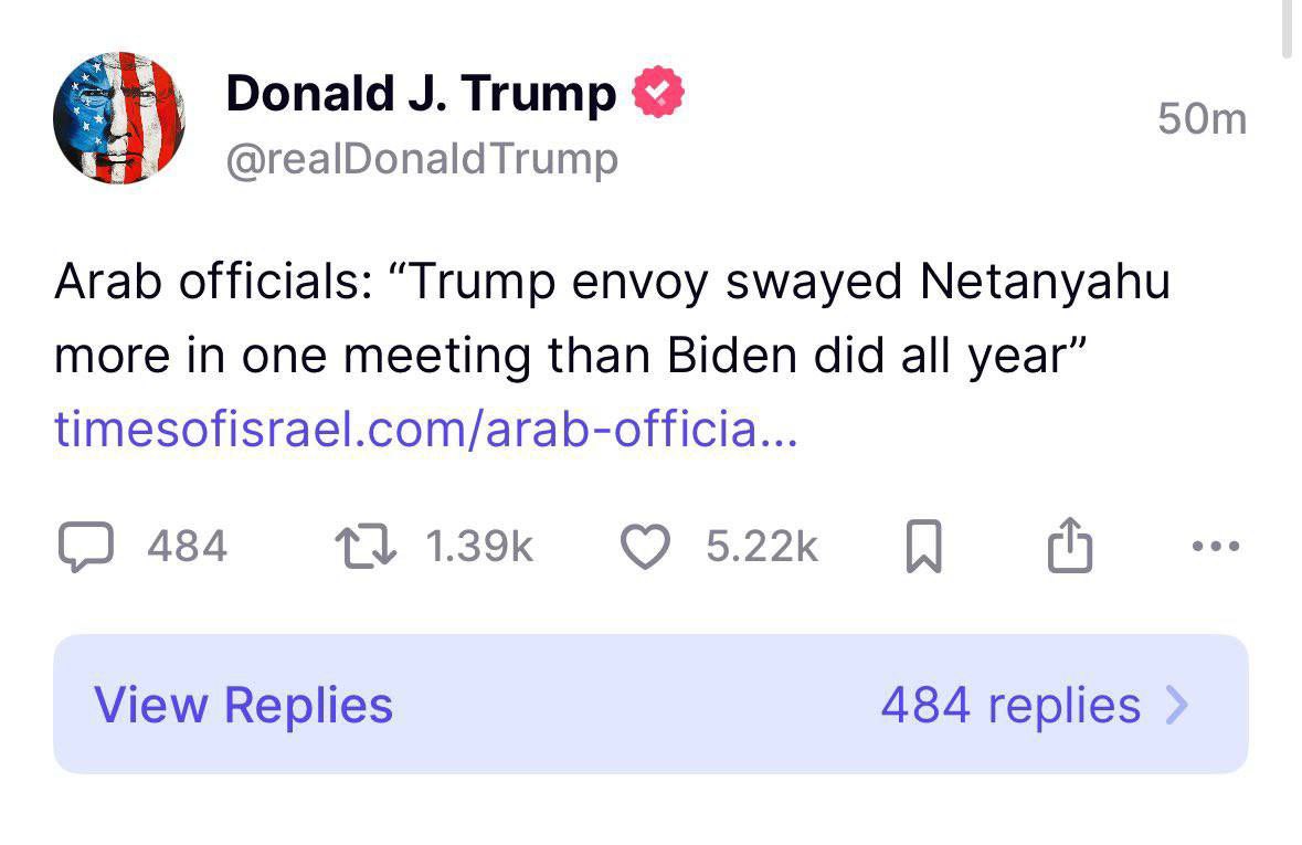 Trump shared article on Truth Social about putting Netanyahu under pressure.

Follow: <a href="/ThermopylaeNews/">Thermopylae</a>