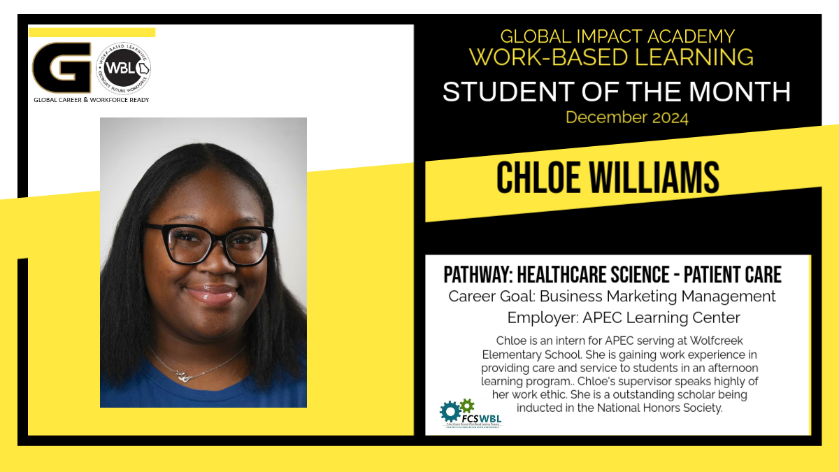 Congratulations Chloe! A well-deserved scholar! 
WBL Student of the Month! #GoGlobal