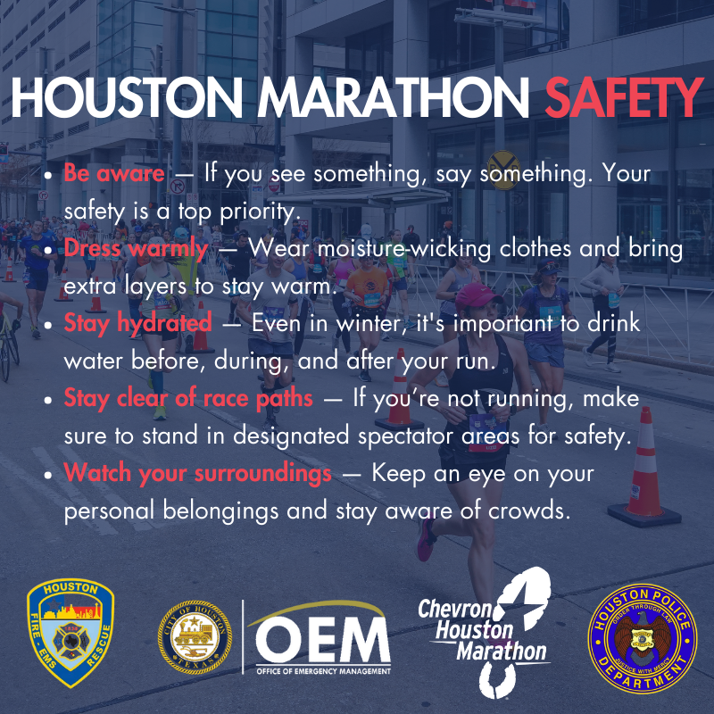 HoustonOEM's tweet photo. The 2025 @HoustonMarathon is here! 🎉 For those attending and participating, please remember these safety tips. Let's ensure a fun and safe marathon for everyone involved. 🏅 Remember to layer up and stay warm! #HoustonMarathon #RunHouston https://t.co/Ov2vWz5h0L