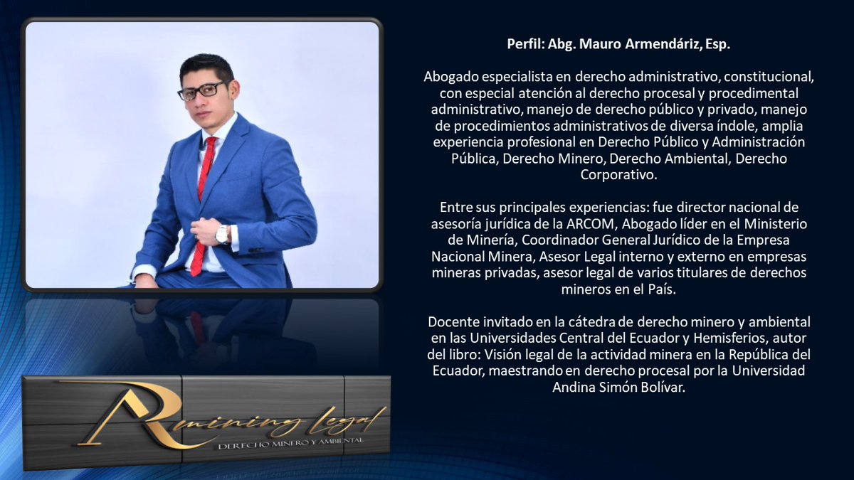 arminingec's tweet image. Presentamos a nuestro socio fundador: Mauro B. Armendáriz, abogado con 12 años de experiencia profesional.

ARMINING LEGAL, especialistas en derecho minero y ambiental.

#minería #mineríaecuador #derechominero #mineríayambiente #derechoambiental #abogados