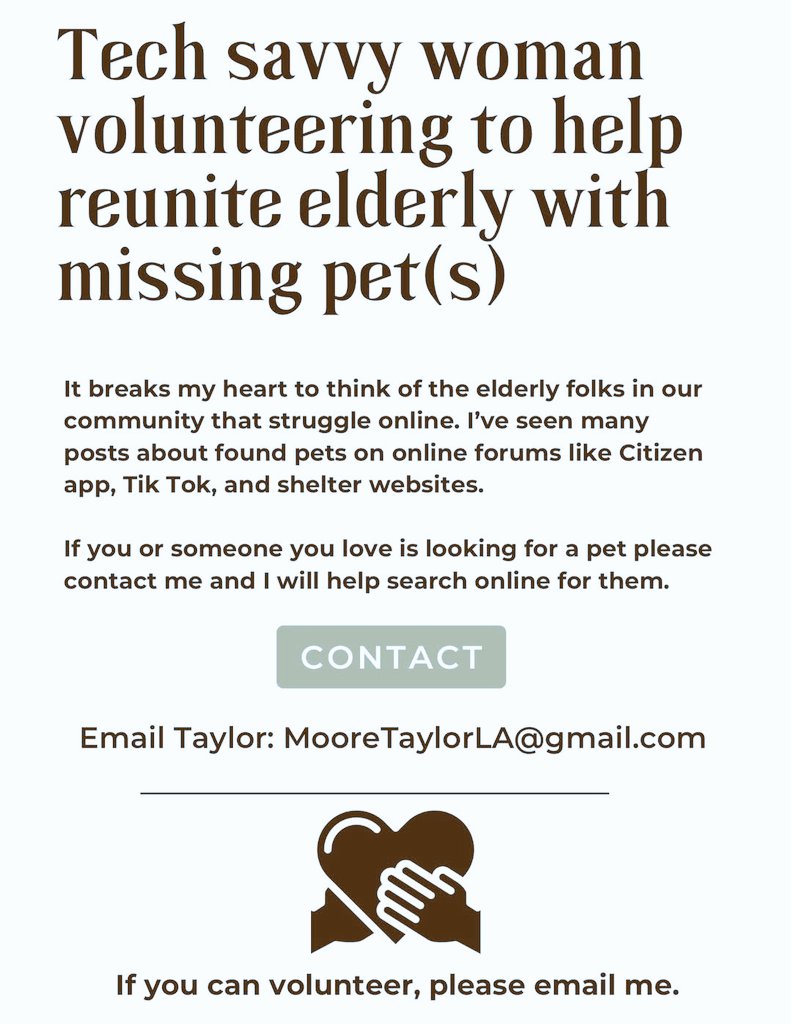 Jr3597's tweet photo. ๐ฉ๐ #Pets "Tech-savvy woman volunteering to help reunite #elderly w/ missing #pet/s.
If you/someone you love is looking for a pet, contact me - I will help search online for them.
Email: TaylorLA@gmail.com"
OP: https://t.co/nhmkzzshyW
#Cats #Dogs #EatonFire #PalisadesFire https://t.co/wQvq9bMUdK