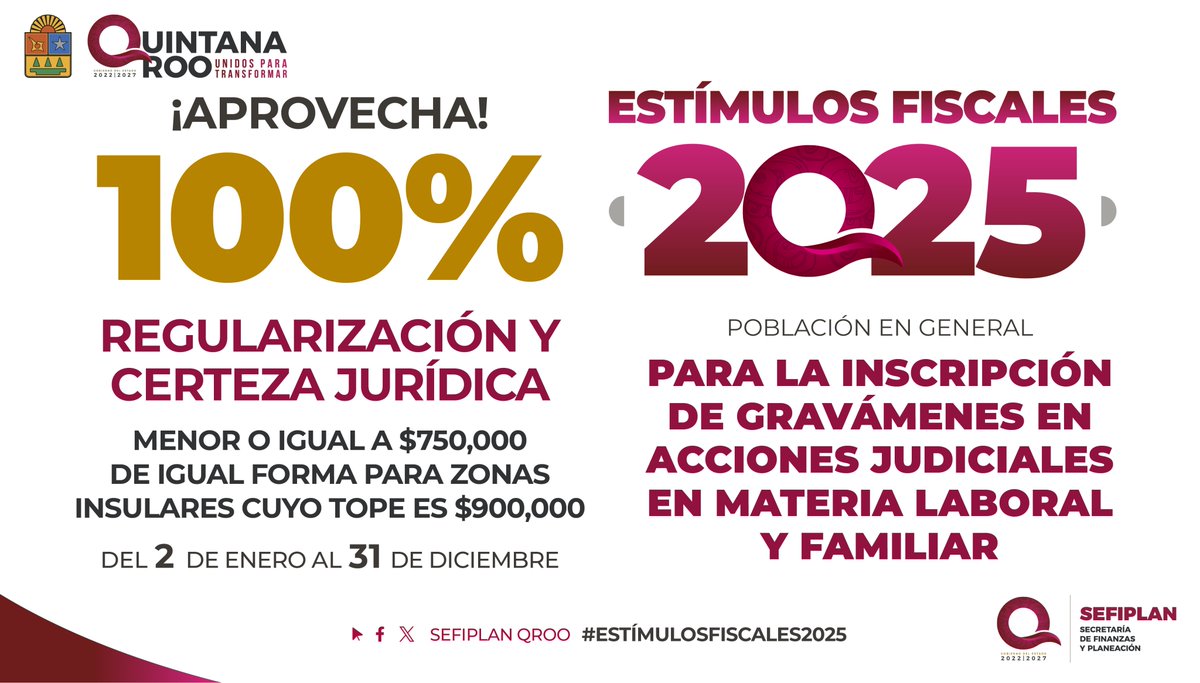Sefiplanqroo's tweet photo. Conoce los #EstímulosFiscales2025 en apoyo a distintos trámites para créditos hipotecarios y actos registrales para regularización y certeza jurídica.
#AprovechaTuBeneficio
#UnidosParaTransformar https://t.co/Qguuzdu3HO