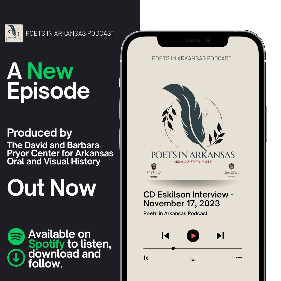 This week's Poets in Arkansas podcast episode is an interview with CD Eskilson, a poet, editor, and translator pursuing and MFA at the UofA. Hear the interview, subscribe, and share by going to tinyurl.com/52rvrdhu or visit the Arkansas Story Vault: storyvault.uark.edu/arkansas-poets….