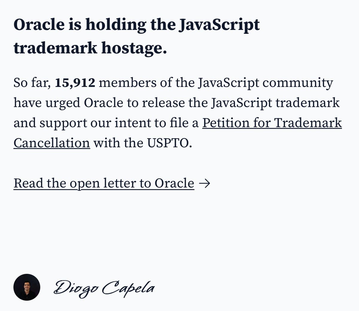 diogocapela's tweet image. Help free the JavaScript trademark from Evil Corp! Sign the petition at javascript.tm #FreeJavaScript
