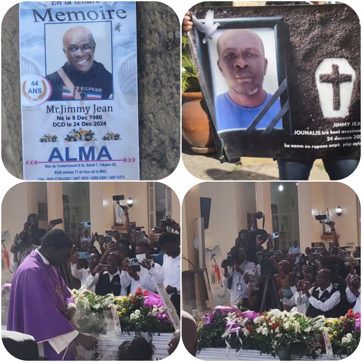 À l'église Saint Pierre de PV a eu lieu ce jeudi 16 janvier 2025 les funérailles du journaliste Jimmy Jean assassiné à l'Hôpital de l'Université d'État d'Haïti le 24 décembre 2024.

Des dizaines de travailleurs de presse ont fait le déplacement pour lui rendre un dernier hommage.