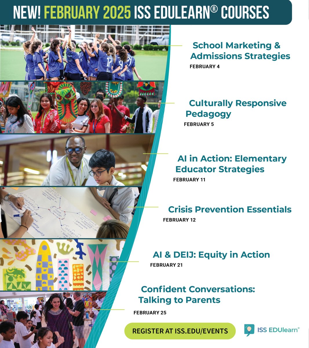 ISSCommunity's tweet photo. This February, explore new #virtualPD ISS EDUlearn® courses! Get started at https://t.co/Nr6whQKetA 

We'll explore key #intlEd topics like school marketing, equitable curricula, AI, crisis prevention, and conversations with parents. #ISSedu #TeacherPD #EdChat https://t.co/4yCZAXFKgm