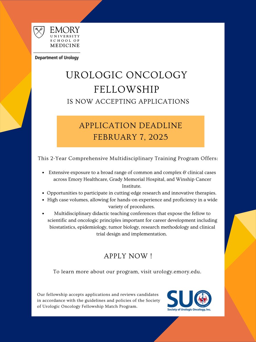 The Emory Urologic Oncology Fellowship Program is accepting applications through February 7, 2025! med.emory.edu/departments/ur…