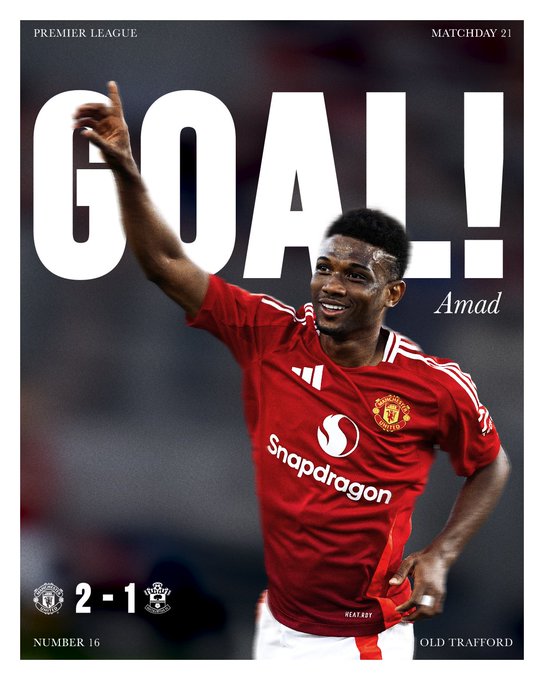 Amad scores to make it 2-1 to Manchester United against Southampton.