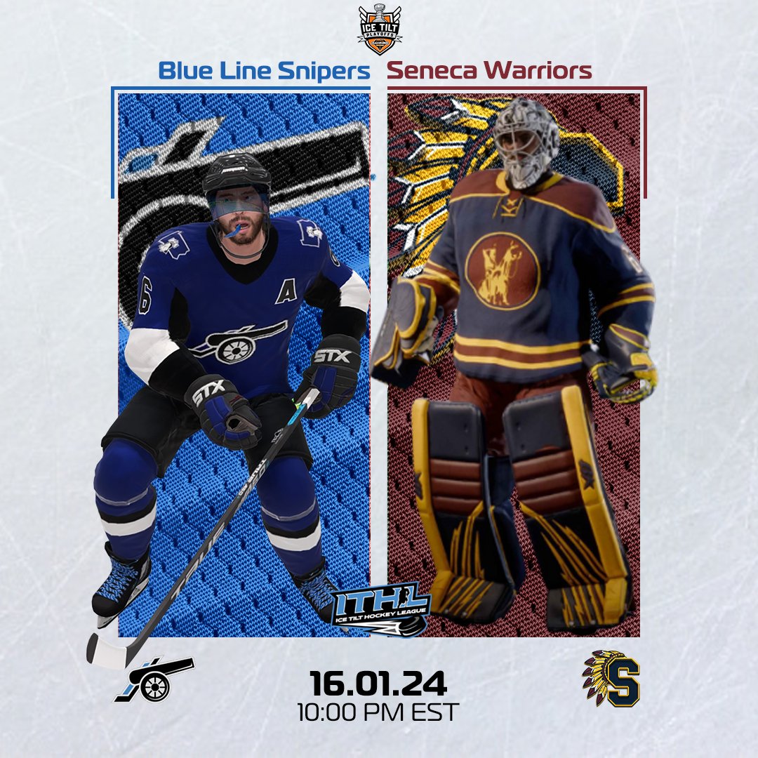 IceTiltHL's tweet image. Rammer Division Finals! 🏆

Will Blue Line finally win an Ice Tilt Cup? Or Will Seneca raise a trophy for the second time this winter? 🤔

🟦 @BlueLineITHL vs @WarriorsITHL 🪶
⏰ 10:00 EST
🎙️ @ttvfrymanjr 
📺 twitch.tv/icetilthl

Seneca leads the BO5 2-1.