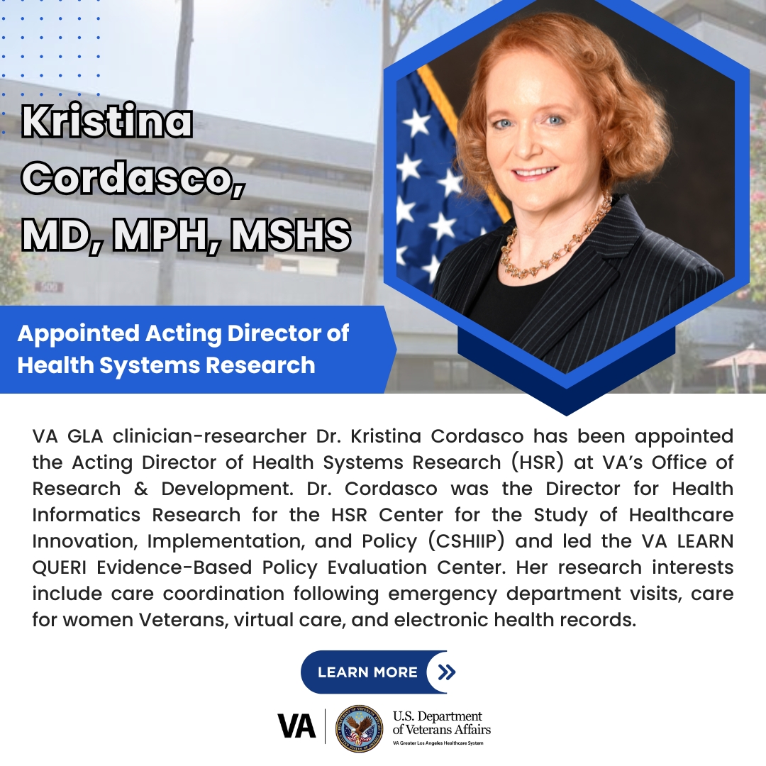VA GLA clinician-researcher Dr. Kristina Cordasco has been appointed the Acting Director of Health Systems Research (HSR) at VA's Office of Research &amp; Development.

#VAResearch #Veterans #VAResearch_LA #HealthSystemsResearch #Leadership

ow.ly/u1nV50UI66R