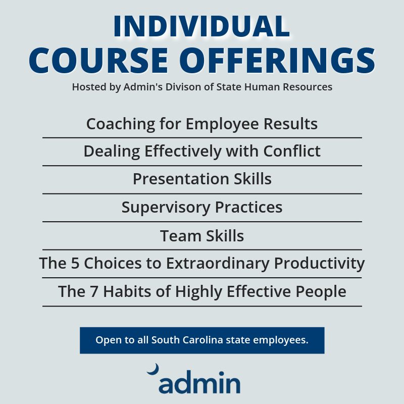 sc_deptofadmn's tweet photo. New year, new opportunities for growth! State employees, take charge of your professional development in 2025 with courses offered by our Division of State Human Resources team. Explore available opportunities at https://t.co/hqewLRHs1W. #SCEmployees #ProfessionalDevelopment https://t.co/cBq8sR2q7v