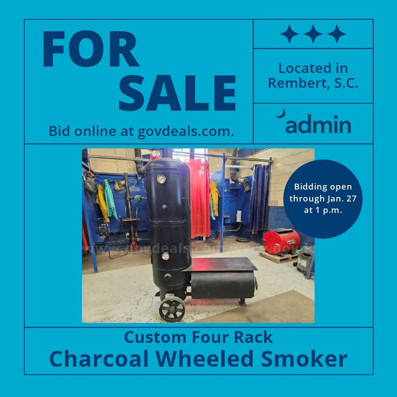 sc_deptofadmn's tweet photo. Calling all BBQ enthusiasts! Admin's Surplus Property team is accepting bids on a Custom 4 Rack Charcoal Wheeled Smoker. Bidding is open now through Jan. 27 at https://t.co/uhbgfUEdhf. #ForBid #SurplusProperty https://t.co/5ovw8n959h