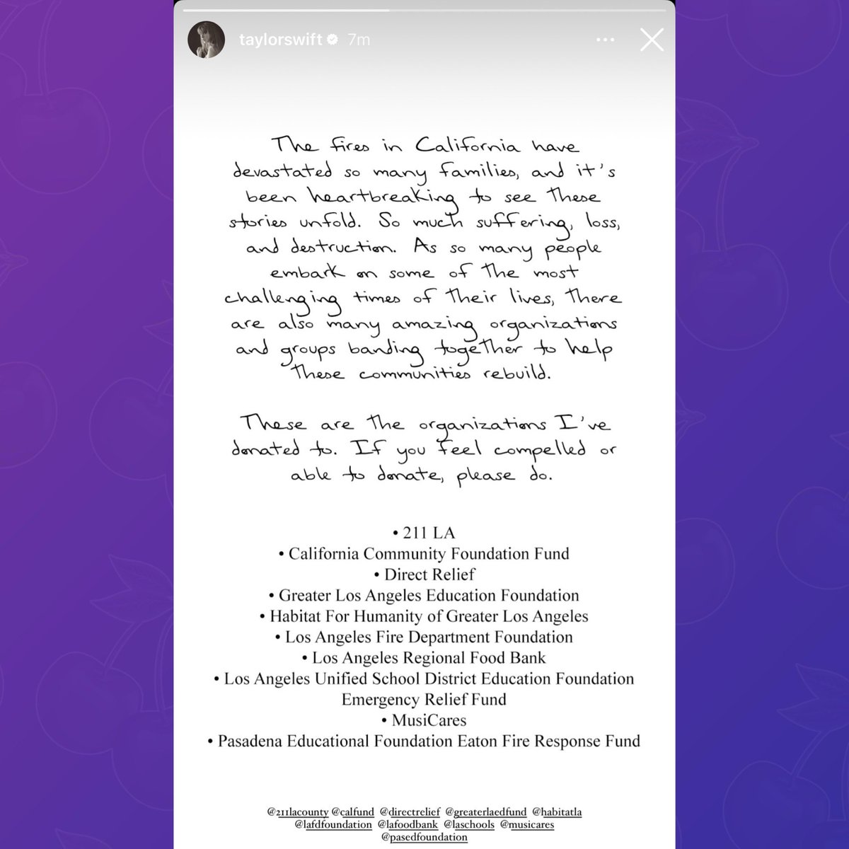 PopBase's tweet photo. Taylor Swift shares organizations people can donate to in support of the California wildfires victims, which she has also donated to herself:

“As so many people embark on some of the most challenging times of their lives, there are also many amazing organizations and groups banding together to help these communities rebuild.”