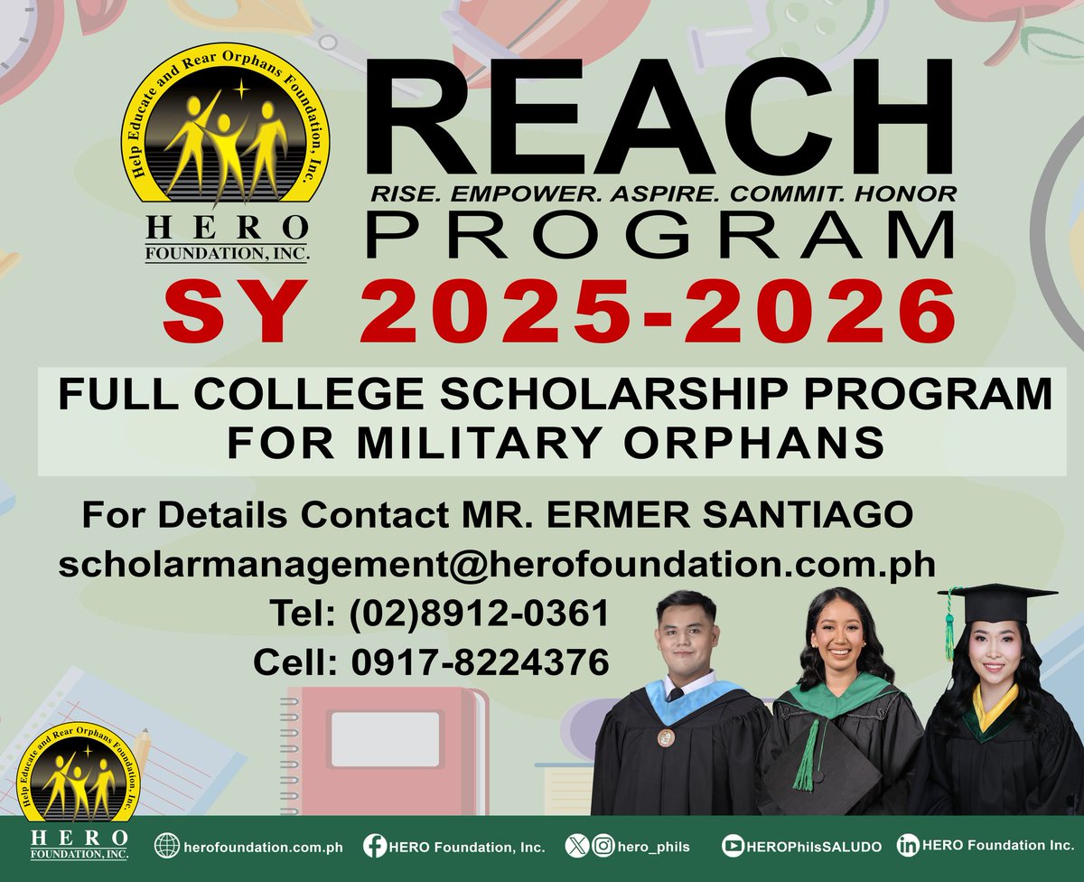 HERO_Phils's tweet photo. The HERO R.E.A.C.H. Program is now accepting applicants for SY 2025-2026. 

For inquiries, you may reach us through our FB inbox or call Mr. Ermer Santiago at Tel: (02 8912-0361 or Cell: 0917-8224376. 

#reachprogram #HEROFoundationInc #heroesforherofoundation #HeroScholar https://t.co/jmFFyYs1gL