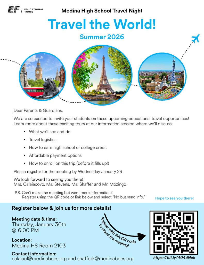 MHS is hosting a meeting on Thursday, January 30, at 6:00 PM about the upcoming summer trip to Europe.  If interested, please see all of the details on the flyer below.