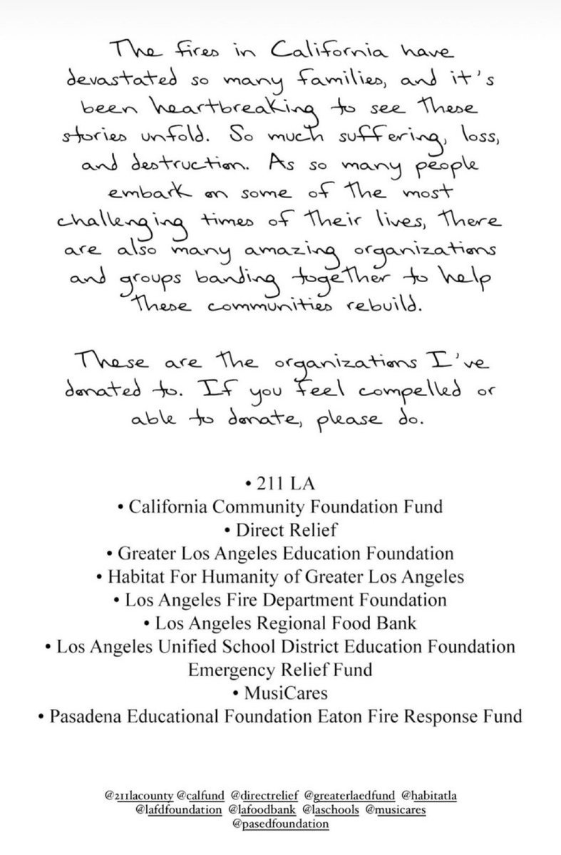 TSUpdatesEs's tweet photo. 🚨 | Taylor Swift revela que donó a organizaciones en medio de los incendios forestales de Los Ángeles y alienta a las personas a hacerlo a través de una historia de IG

• 211 LA
• California Community Foundation Fund
• Direct Relief
• Greater Los Angeles Education Foundation
• Habitat For Humanity of Greater Los Angeles
• Los Angeles Fire Department Foundation
• Los Angeles Regional Food Bank
• Los Angeles Unified School District Education Foundation
Emergency Relief Fund
• MusiCares.
• Pasadena Educational Foundation Eaton Fire Response Fund.