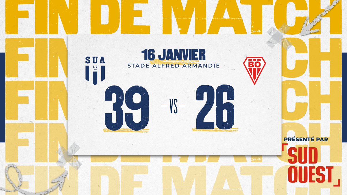 C’EST TERMINÉ ! 
Agen l’emporte devant son public au Stade Armandie 💥

Nos Agenais n’ont rien lâché et se sont imposés face à Biarritz 💪

Félicitations Messieurs 💙🤍
