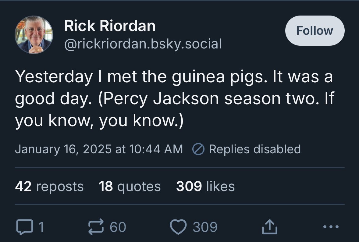 updatespercy's tweet photo. Rick Riordan teases the guinea pig scenes from Season 2 of #PercyJackson &amp; The Olympians. https://t.co/pcGvbImG2U