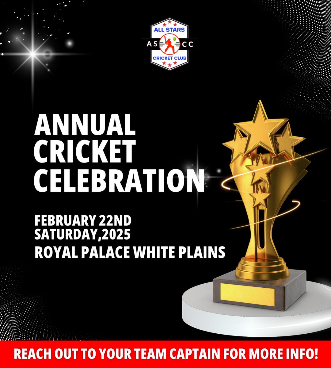 ASCCcricket's tweet photo. Mark your calendars! 🏏✨ Join us for the Annual Cricket Celebration on February 22, 2025, at the Royal Palace, White Plains. A night to honor champions, teams, and the love of cricket! 🏆🎉 #ASCC #CricketCelebration #2025 https://t.co/PIWL07vTsH