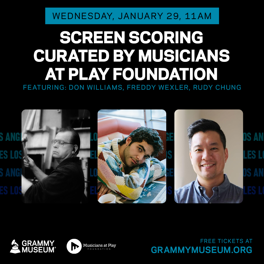 Join us on Jan. 29 for an insightful Q&amp;A, curated by @musiciansatplay, with panelists Don Williams, <a href="/freddy_wexler/">Freddy Wexler</a>, and <a href="/rudyardchungus/">Rudy Chung</a> as they discuss the music of Film &amp; TV at the #GRAMMYMuseum. 🎬

FREE tickets: grm.my/3DTh9rY