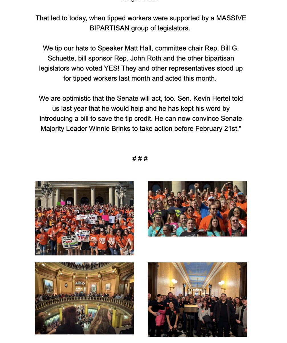 SaveMITips's tweet image. After years of hard work, servers' voices have finally been heard! Now, we must continue to make our voices heard as House Bill 4001 is voted on by both the House and Senate. 

#SaveMITips #servers #bartenders #tippedworkers #tippedwages #tipcredit #Michigan #tippedminimumwage