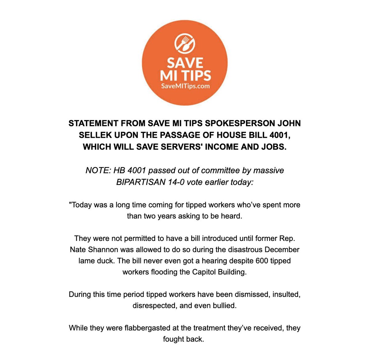 SaveMITips's tweet image. After years of hard work, servers' voices have finally been heard! Now, we must continue to make our voices heard as House Bill 4001 is voted on by both the House and Senate. 

#SaveMITips #servers #bartenders #tippedworkers #tippedwages #tipcredit #Michigan #tippedminimumwage