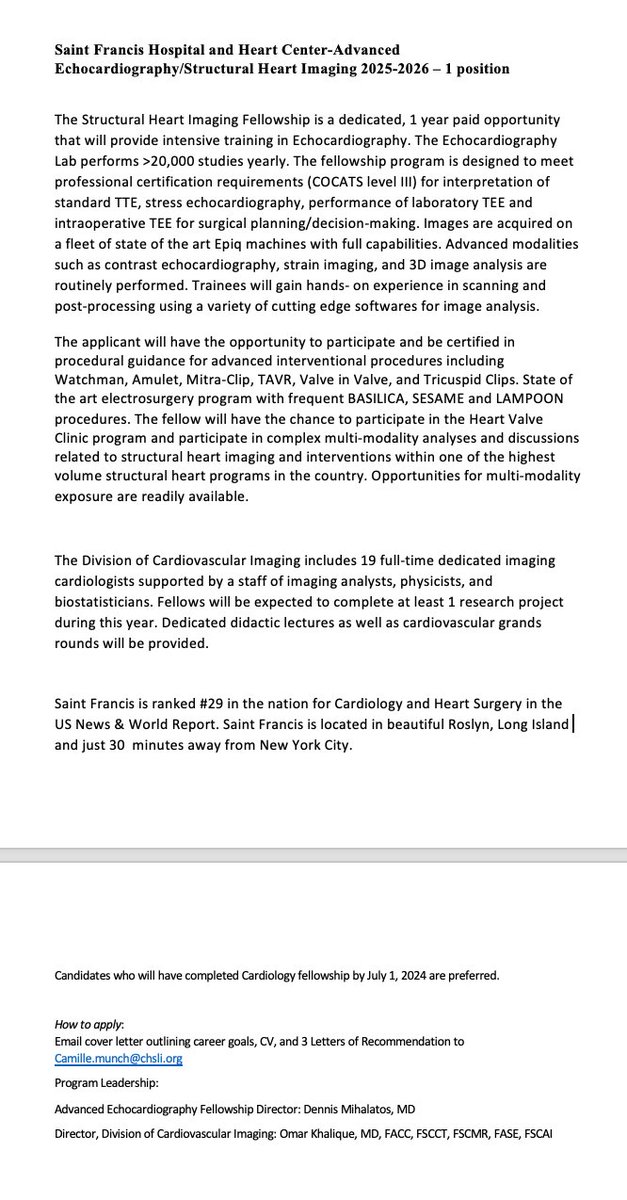 Omar Khalique (@okhaliquemd) on Twitter photo 1 spot open for #SHDimaging #iecho fellowship <a href="/StFrancis_LI/">St. Francis Hospital & Heart Center</a>. Learn from distinguished faculty <a href="/OKhaliqueMD/">Omar Khalique</a> <a href="/LinWangMDNY/">Lin Wang MD,FASE,FACC</a> <a href="/rooshaparikh/">Roosha Parikh</a> <a href="/CathElectroSurg/">Jaffar Khan</a> in one of the busiest programs in the country. Cardiology fellowship graduates only. No visa sponsorship. 1 spot open for #SHDimaging #iecho fellowship <a href="/StFrancis_LI/">St. Francis Hospital & Heart Center</a>. Learn from distinguished faculty <a href="/OKhaliqueMD/">Omar Khalique</a> <a href="/LinWangMDNY/">Lin Wang MD,FASE,FACC</a> <a href="/rooshaparikh/">Roosha Parikh</a> <a href="/CathElectroSurg/">Jaffar Khan</a> in one of the busiest programs in the country. Cardiology fellowship graduates only. No visa sponsorship.