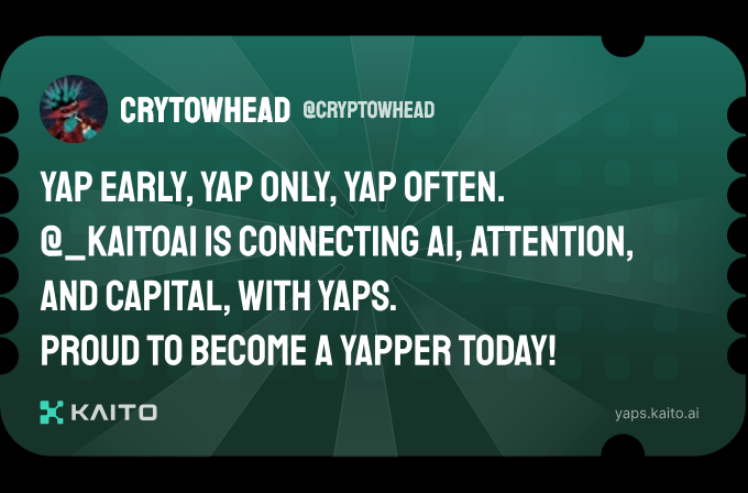 Yap early, yap only, yap often.

@_kaitoai is connecting AI, attention and capital with Yaps.

Just claimed my social card and I'm accumulating Yap points in real-time.

Claim yours 👉 yaps.kaito.ai/referral/14504…