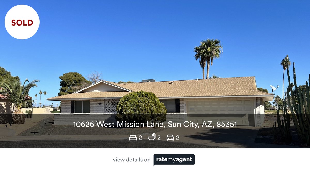 🛌 2 🛀 2 🚘 2
📍 10626 West Mission Lane, Sun City, AZ, 85351

My latest sale on #RateMyAgent.

rma.reviews/ek79yh9cyz67

...
#ratemyagent #realestate