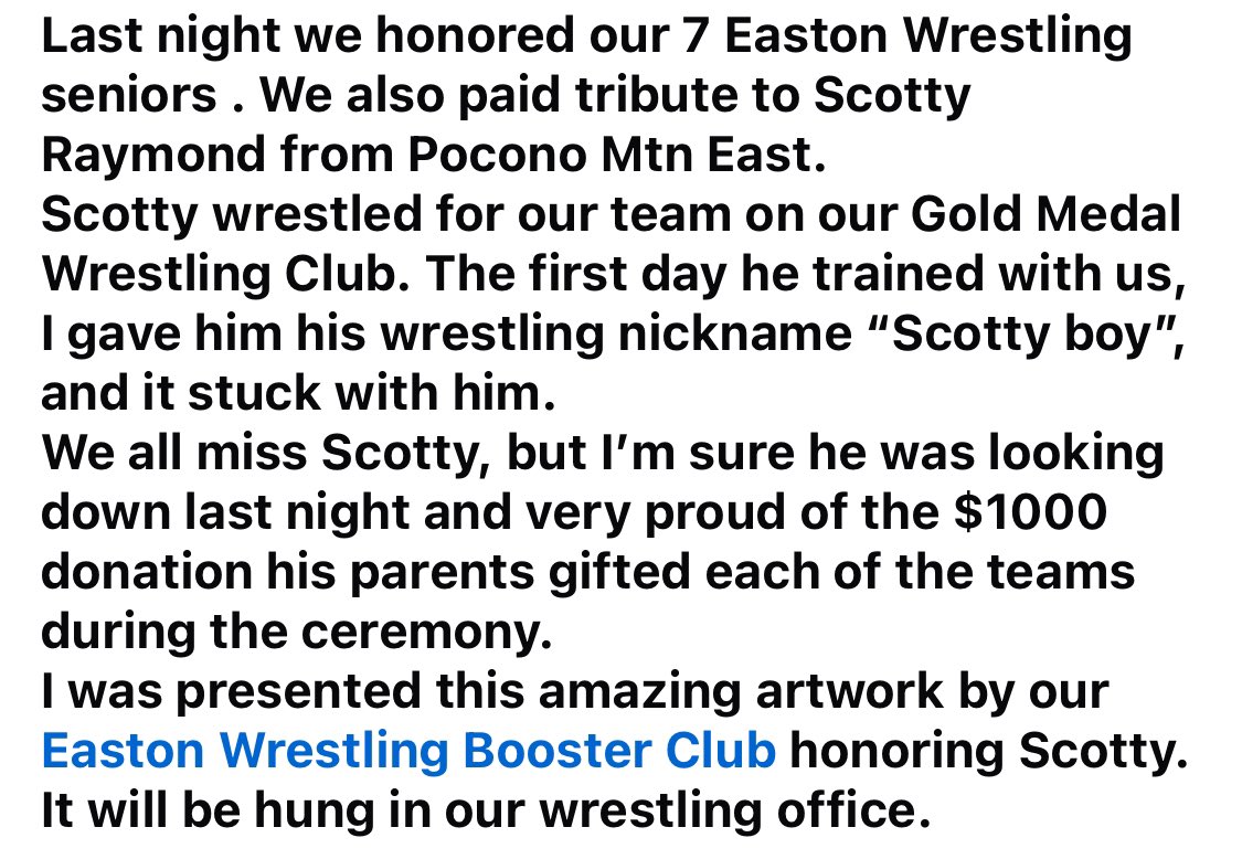 <a href="/BoysEaston/">THE Easton Wrestling</a> Booster Club honored our Easton Wrestling seniors and also the late Scotty Raymond <a href="/PMEastHS/">Pocono Mountain East</a>
