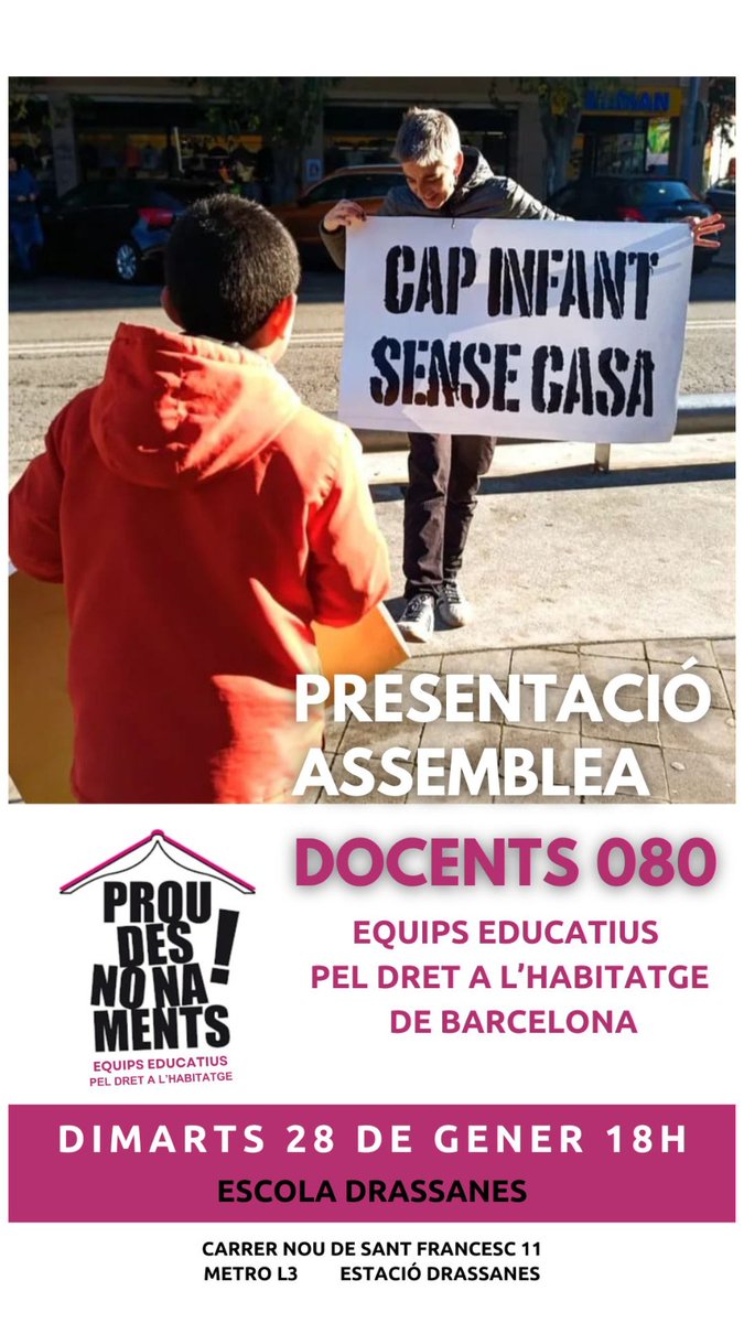 El proper dimarts 28 de gener fem la presentació/assemblea de <a href="/docents080/">Docents 080</a> (equips educatius en defensa de l'habitatge).
Ens trobarem a l'escola Drassanes a les 18h (C Nou de Sant Francesc, 11).
Farem la presentació dels objectius i propostes de docents080. #ProuDesnonaments