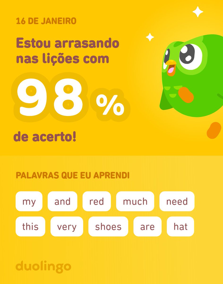 Estou aprendendo inglês no Duolingo! É grátis, divertido e eficaz.