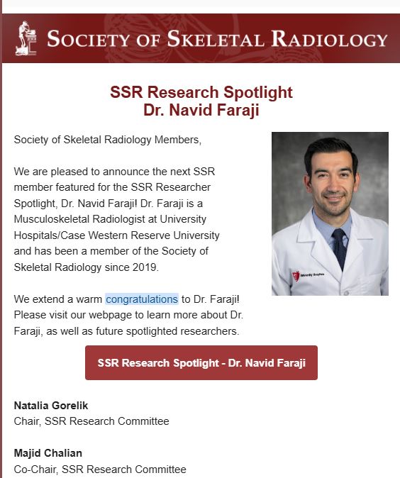 Dergon (@pcyinthecle) on Twitter photo Congrats to <a href="/UHRadiology/">UH Radiology Cleveland</a> Cleveland's own <a href="/sportsraddoc/">Navid Faraji</a> getting some props from <a href="/SSRbone/">Society of Skeletal Radiology</a>
Well deserved! Congrats to <a href="/UHRadiology/">UH Radiology Cleveland</a> Cleveland's own <a href="/sportsraddoc/">Navid Faraji</a> getting some props from <a href="/SSRbone/">Society of Skeletal Radiology</a>
Well deserved!