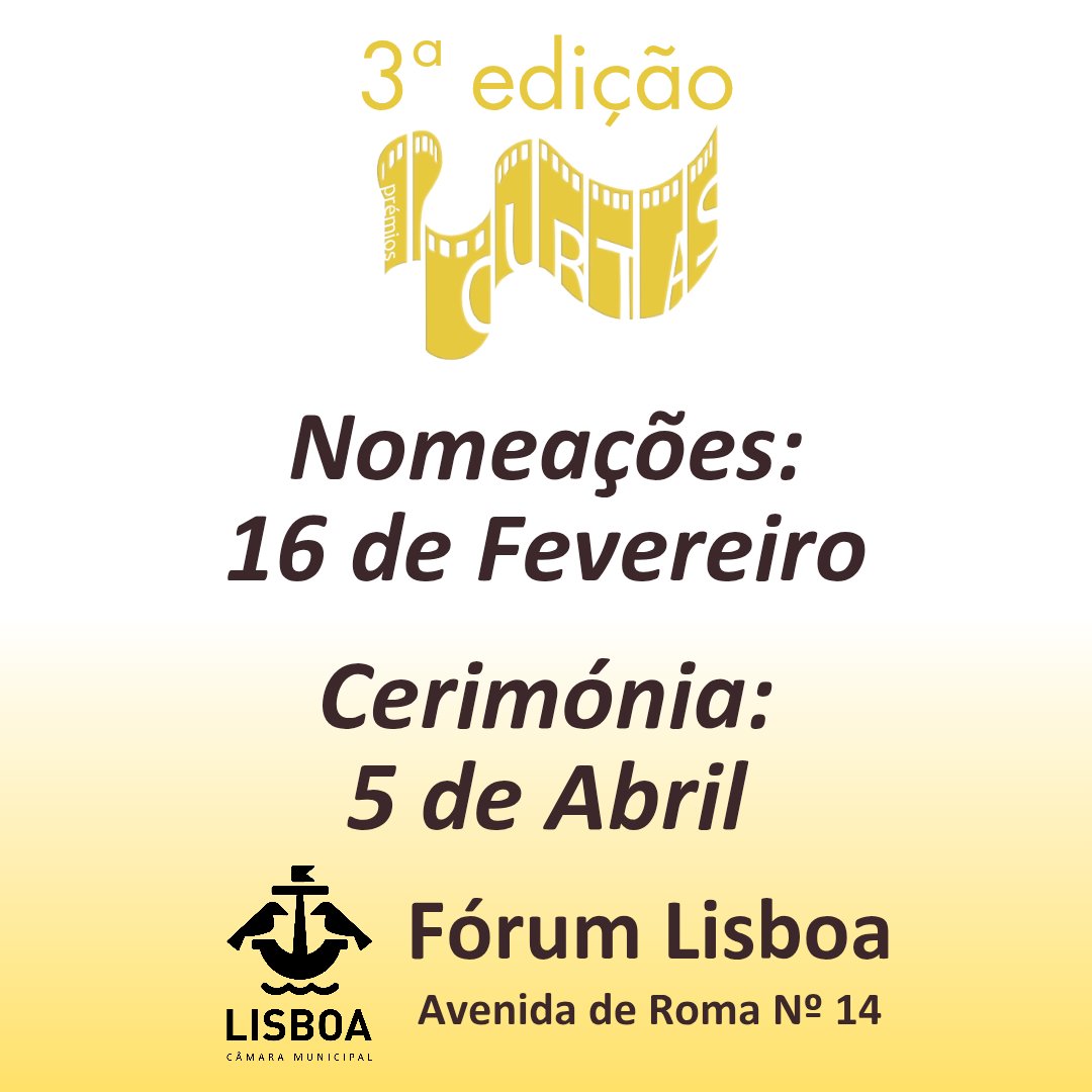 premioscurtas's tweet photo. As nomeações para a 3ª edição dos Prémios Curtas serão reveladas daqui a um mês, no dia 16 de fevereiro, domingo!

Não podem perder! 🎥

Dia 5 de abril estão desde já convidados(as) para a grande cerimónia que vai realizar-se no Fórum Lisboa 🥳

Mais novidades em breve 👀 https://t.co/MGHzXJjhMC