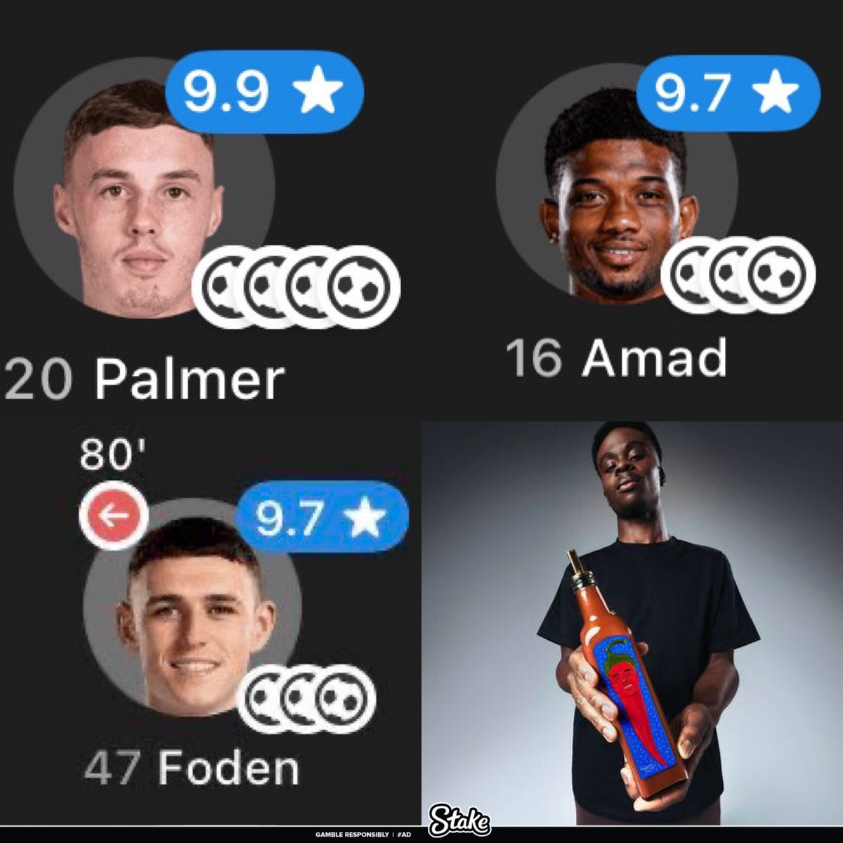 Palmer- Hatrick
Amad - Hatrick 
Foden - Hatrick 
Saka - promoting sauce 😭