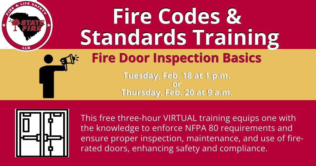 SCStateFire's tweet image. Fire Codes &amp;amp; Standards Training (FCaST) is FREE!
Gain insights into inspection and maintenance of swinging fire doors for enhanced fire safety.

Visit: statefire.llr.sc.gov/osfm/news/2023…

 #FireDoorInspection #FireSafety #SCStateFire