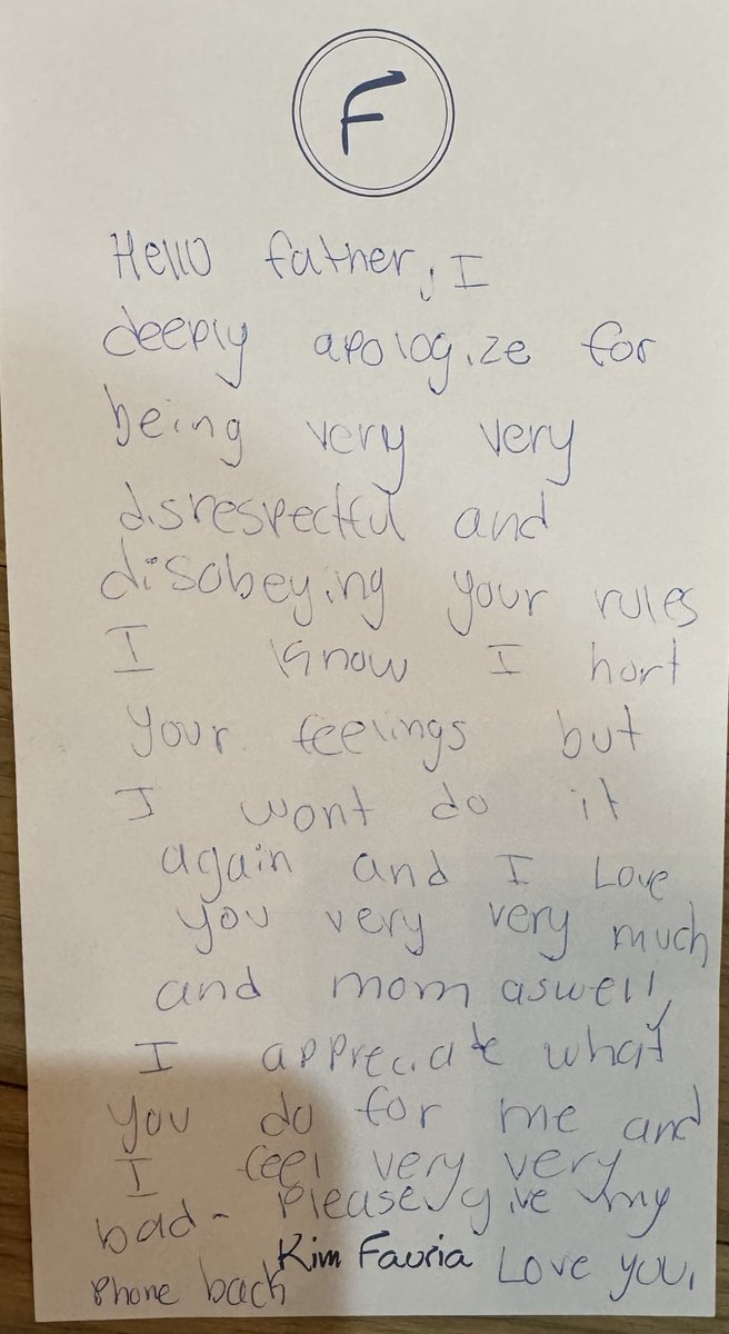 christianfauria's tweet photo. Need a group ruling on this.  My youngest got a tad bit mouthy and got her phone taken away, which for her is paramount to life in prison.  She wrote me this note begging for forgiveness and pleading for it back.  What should I do?  Have mercy or throw it in a well? #dadication https://t.co/Isrw6UCXoI