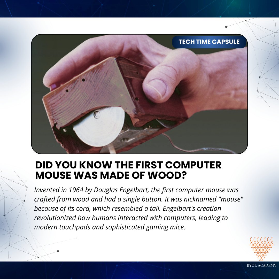 byolacademy's tweet image. From a wooden box to wireless precision—how the first computer mouse clicked its way into history! 🖱️✨ #TechEvolution

#TechTimeCapsule #ComputerMouse #TechHistory #Innovation #ThrowbackTech #DouglasEngelbart #Gadgets #Technology #TechFacts #DigitalRevolution #TheMoreYouKnow…