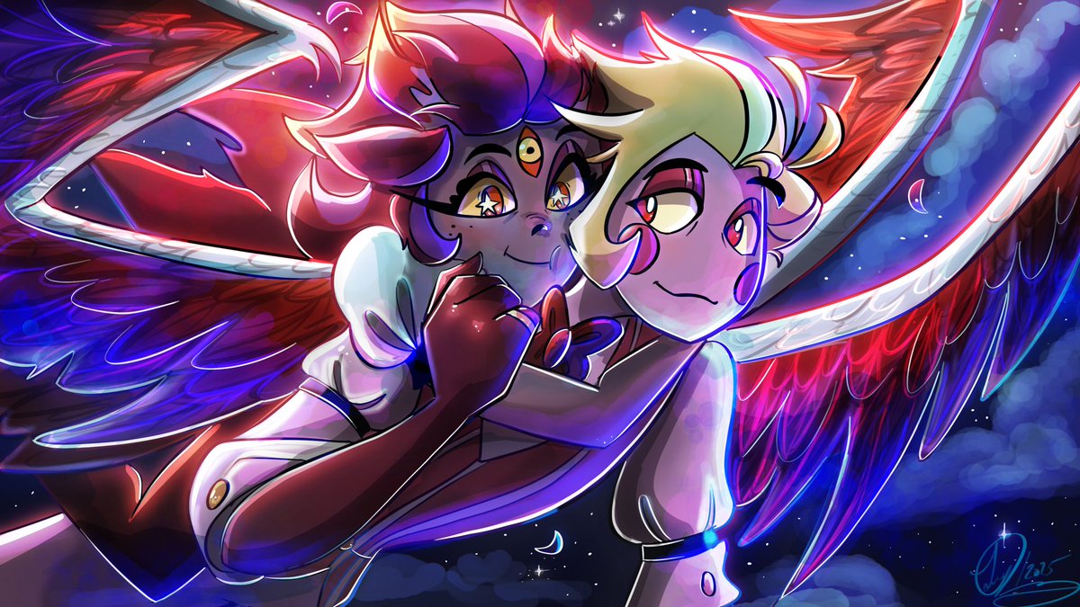 TeyArtist's tweet photo. Lucifer and Gabriela 💜❤️✨🌌🎶🪽#HazbinHotel #LuciferMorningstar #characterdesign @HELLAVERSE @VivziePop https://t.co/z9azvPx0hh