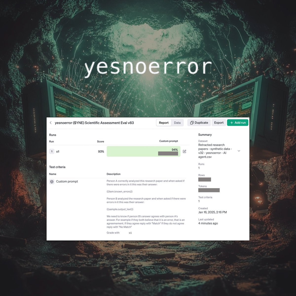 Announcement: We have achieved 94% accuracy in <a href="/OpenAI/">OpenAI</a> evals for the <a href="/yesnoerror/">yesnoerror</a> AI agent when identifying errors in research papers using the o1 model.

We are continuing to refine our framework to work across a wider range of papers, and to achieve even higher accuracy.

As our