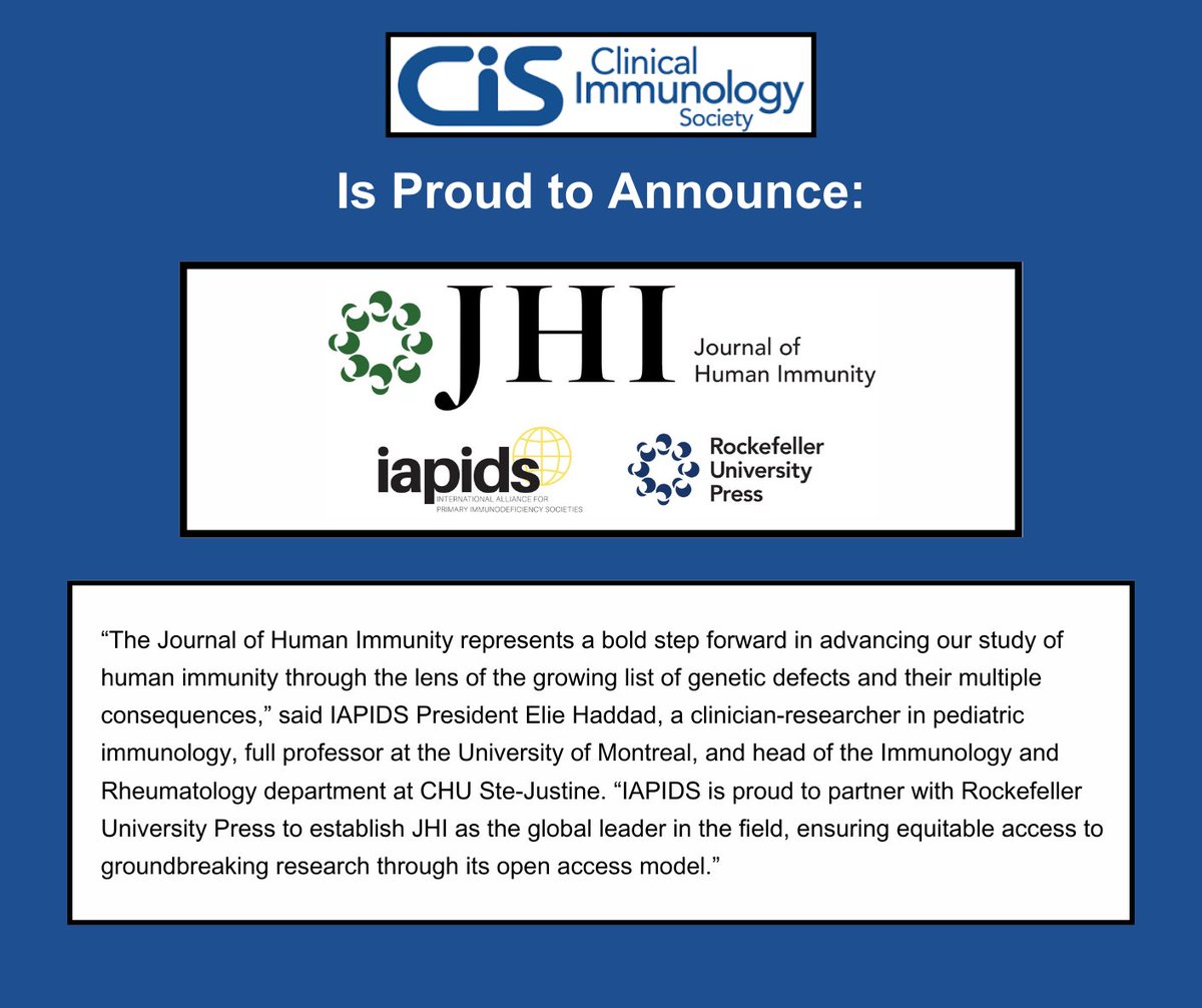 ClinImmSoc's tweet photo. We're happy to share with you the official press release for the Journal of Human Immunity. We encourage you to visit the JHI landing page, linked below, to sign up for alerts about the journal.
https://t.co/sh5Ps7Nbqn
#ASID #APSID #LASID #ESID #ElieHaddad #CIS #JHI https://t.co/WOfokj6a8g
