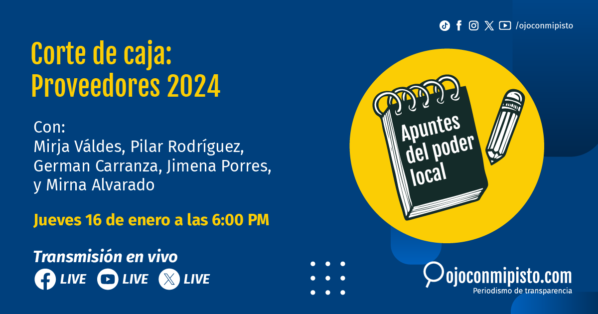_ojoconmipisto's tweet photo. #OjoConLosProveedores👀#HOY 16 de enero, a las 6PM, el equipo de #Ojoconmipisto🔍 presentará el segmento #ApuntesDelPoderLocal.📝 Participa🙋🏽‍♂️ y conoce cómo funciona la Ley de Contrataciones, quiénes son los favoritos, qué servicios y productos ofrecen y por qué generan debate.💬 https://t.co/vXvFwaUBq4