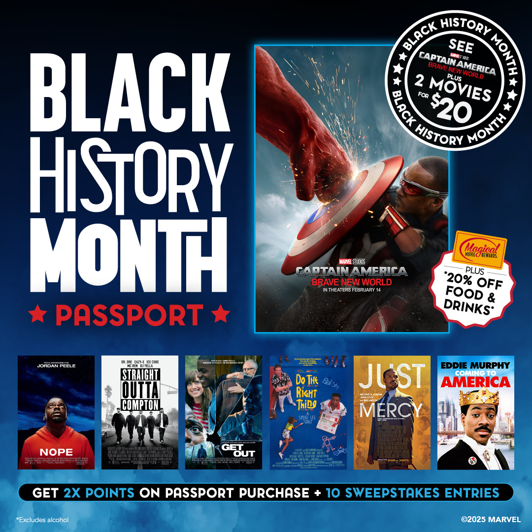 Marcus_Theatres's tweet photo. See Captain America: Brave New World AND 2 Black History Month retro movies for just $20! https://t.co/c4Py2TmOWt 

You'll also enjoy:
🍿20% off food and beverage from Feb. 5 to Mar. 2 (excludes alcohol)
✨2X Magical Movie Rewards Points on the passport purchase https://t.co/QXzL9NrQZv