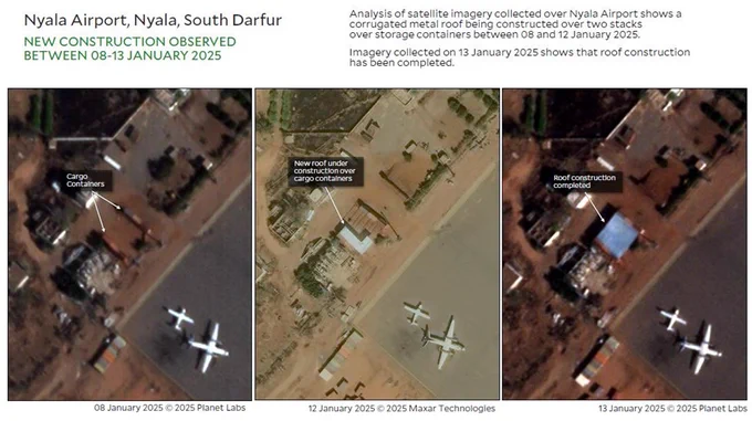 Title: Nyala Airport, Nyala, South Darfur
Subtitle: New Construction observed between 08-13 January 2025 
Copyright: 08 January 2025 © 2025 Planet Labs; 12 January 2025 © 2025 Maxar Technologies, 13 January 2025 © 2025 Planet Labs, Analysis by Yale HRL.
Text: Analysis of satellite imagery collected over Nyala Airport shows a corrugated metal roof being constructed over two stacks over storage containers between 08 and 12 January 2025. 
 Imagery collected on 13 January 2025 shows that roof construction has been completed.

