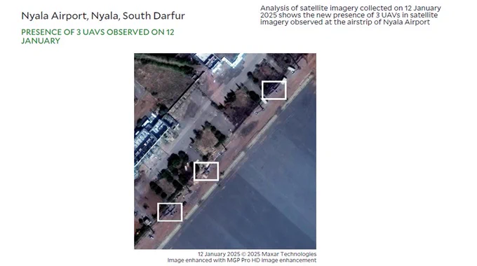 Title: Nyala Airport, Nyala, South Darfur
Subtitle: Presence of 3 UAVs observed on 12 January
Copyright: 12 January 2025 © 2025 Maxar Technologies, Image enhanced with MGP Pro HD image enhancement  
