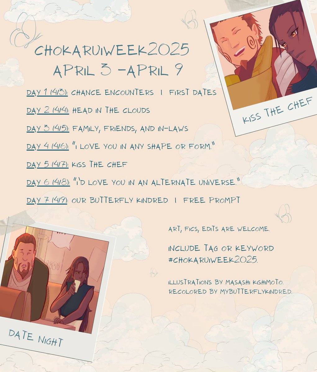 It's official!
➡️CHOKARUIWEEK 2025 will be hosted April 3-9.
➡️Art, fics, and edits are welcome!
➡️Tag #chokaruiweek/#chokaruiweek2025.