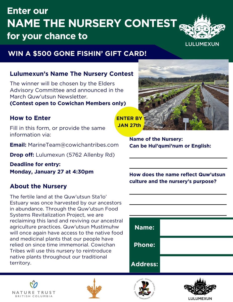 We are so excited about the naming contest for the cultural plant nursery our lab has helped establish in the Cowichan Estuary. Open to Cowichan Tribes members only, it is a wonderful example of community engagement and support. Stay tuned! #ecology #indigenousstem