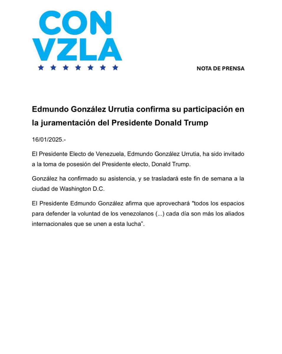 ConVzlaComando's tweet image. El presidente electo, @EdmundoGU, confirma su participación en la juramentación del presidente de #EEUU, Donald Trump. 

🇻🇪🇺🇸