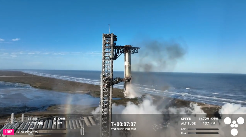 SpaceVoyaging's tweet photo. Successful second booster catch with the tower! Great view https://t.co/LOvYvqIcj1